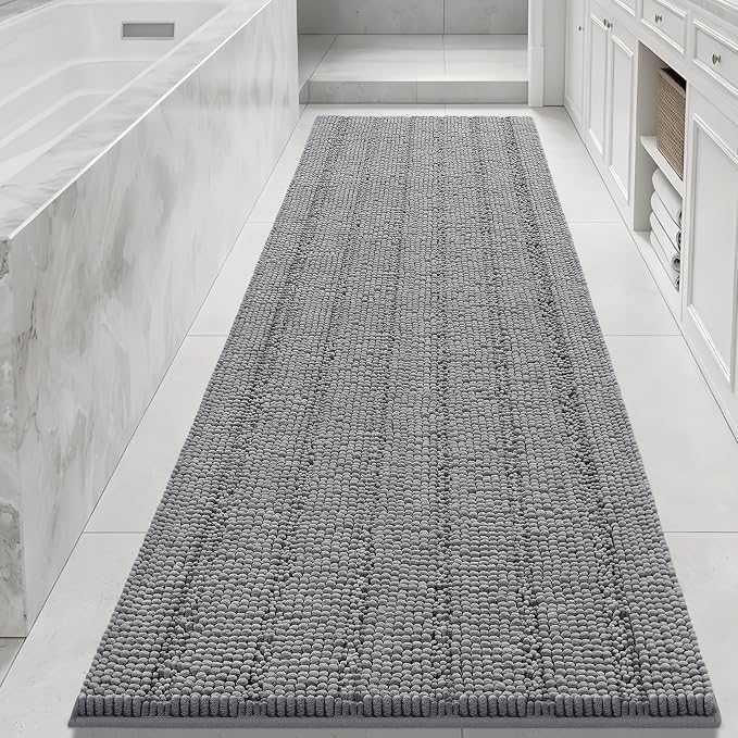 Bcoimo Long Bathroom Rug, Chenille Bath Runner with High Low Pile Design, Soft Absorbent Non Slip Bath Mat, Machine Washable Quick Dry Rug for Shower, Tub, Sink and Vanity