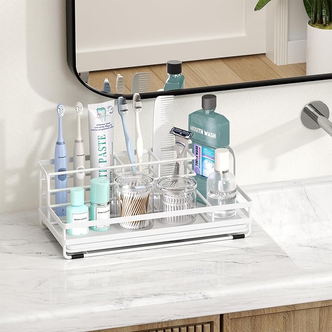 HapiRm Toothbrush Holders for Bathroom - 5 Partitions Bathroom Counter Organizer with Instant Drying Stone, Stainless Steel Countertop Storage Electric Toothbrush Toothpaste Holder - White