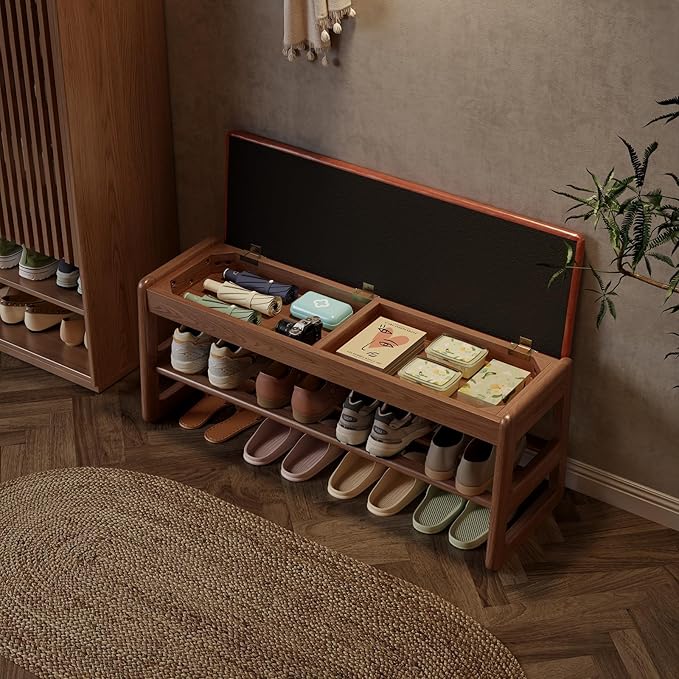 AQIMUELE Shoe Rack Bench,2 Tiers Shoe Bench with Storage with Flip-Top,Wood Shoe Rack for Entryway,Hallway（Orange Upholstered Seat,11.8" D x 39.3" W x 15.7" H）
