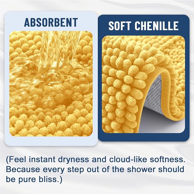 Grandaily Chenille Striped Bathroom Rugs 59x20, Extra Thick and Soft Absorbent Bath Mats, Rubber Backing, Plush Shaggy Shower Carpet, Machine Wash Dry, Bath Rug for Bathroom, Light Yellow