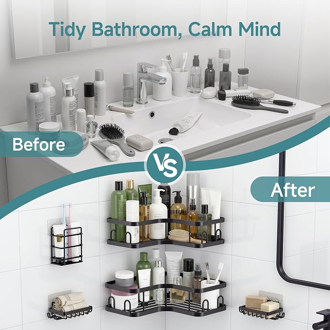 Veken Corner Shower Caddy 5-Pack, Advanced Rustproof Design, No Drilling Adhesive Shelves, Rack with Soap Holder, Large Capacity Bathroom Organizers and Storage, Wall-Mounted Kitchen&Home Decor,Black