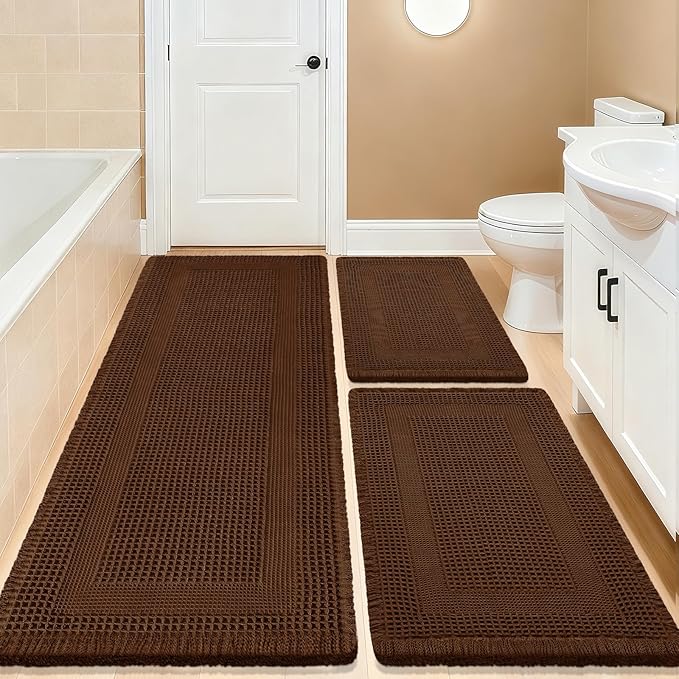IM HOME Waffle Bath Mat Set 3 Piece, Boho Woven Modern Bath Rug Absorbent Non Slip, Soft Bathroom Mats, Machine Washable Knit Bath Rugs with Tassels for Bathroom, Bedroom, Kitchen, Shower, Tub, Brown
