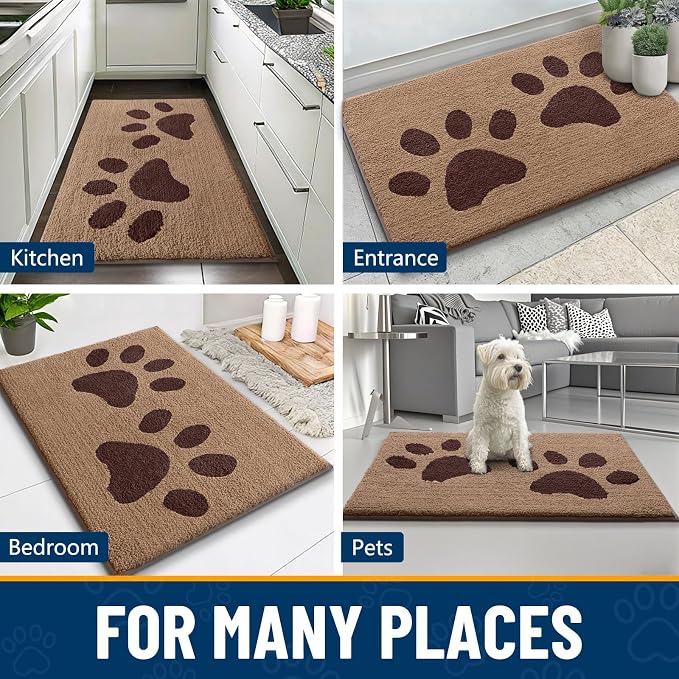 Smiry Dog Door Mat for Muddy Paws, Absorbs Moisture and Dirt, Low-Profile Entryway Mat with Non-Slip Backing, Entry Indoor Outdoor Doormat for Inside Floor (40x32 Inches, Beige, Paw