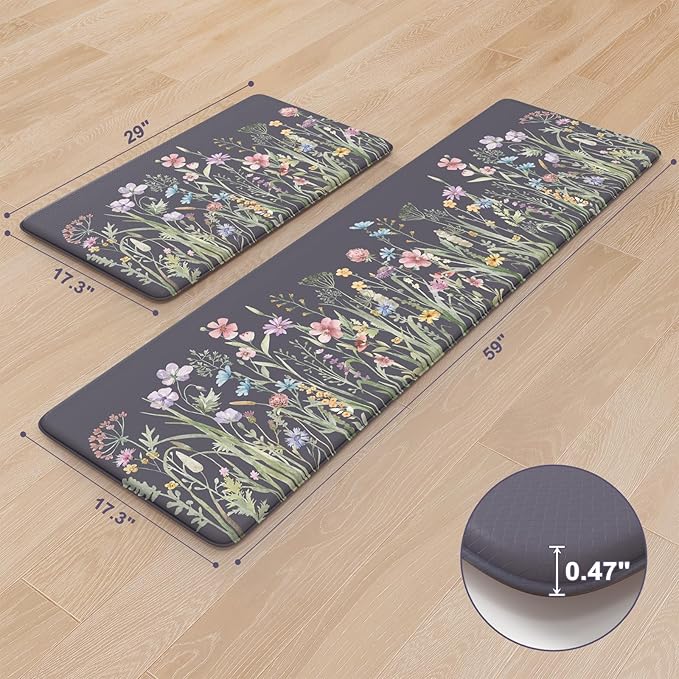 KIMODE Anti Fatigue Kitchen Mat for Floor, 17"x59"+17"x29" Floral Kitchen Rugs Sets of 2, Kitchen Floor Mats Non-Slip, Cushioned Standing Desk mat for Sink, Laundry, Office Dark Grey/Purple