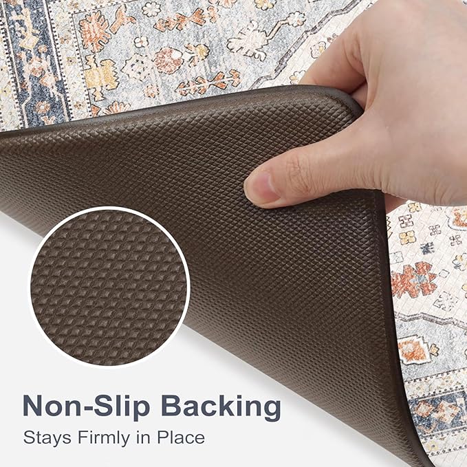 Collive Boho Kitchen Mats for Floor 2 PCS, Cushioned Anti Fatigue Kitchen Floor Mat Non-Skid Waterproof Sink Rug, Blue/Multi Comfort Standing Desk Mat for Office, Home, 17.3"x29"+17.3"x47"