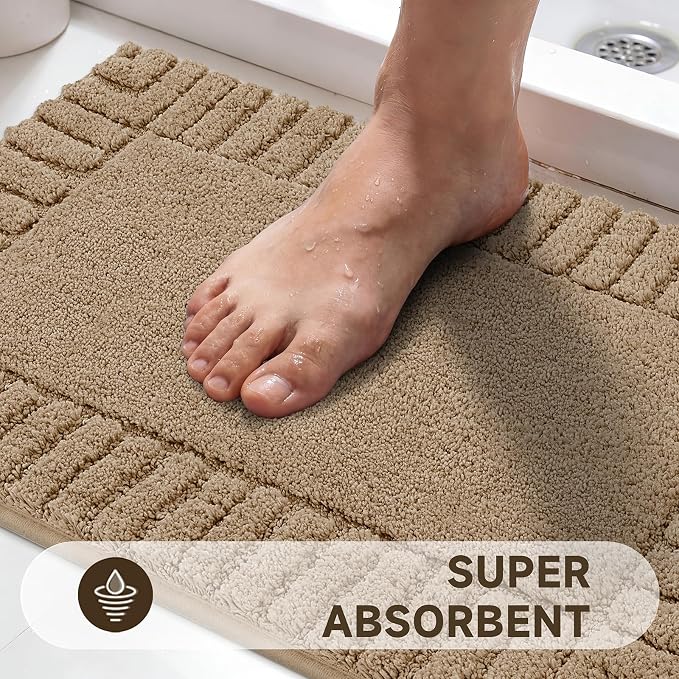 Pauwer Bathroom Rugs Set 5 Piece Non Slip Washable Bath Mat Set with U Shaped Contour Toilet Rugs Plush Absorbent Microfiber Shower Mat and Toilet Lid Cover for Bathroom, Khaki