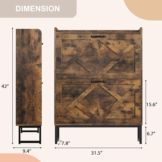 Nicetree Shoe Cabinet with 2 Flip Drawers, Freestanding Shoe Storage Cabinet with Metal Legs, Farmhouse Shoe Organizer for Entryway, Foyer, Hallway, Rustic Brown