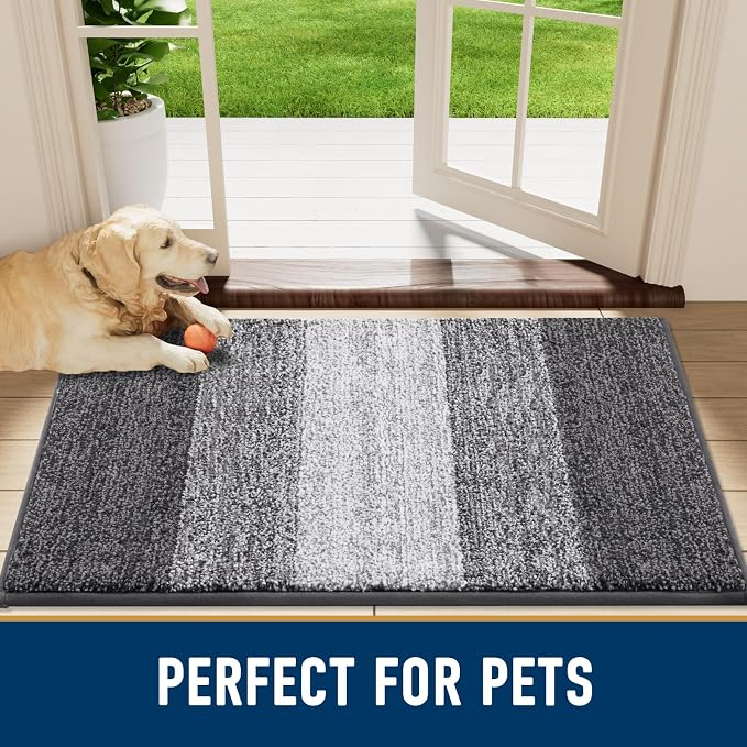 Smiry Dog Door Mat for Muddy Paws, Absorbs Moisture and Dirt, Low-Profile Entryway Mat with Non-Slip Backing, Entry Indoor Outdoor Doormat for Inside Floor (47x17 Inches, Grey, Striped)