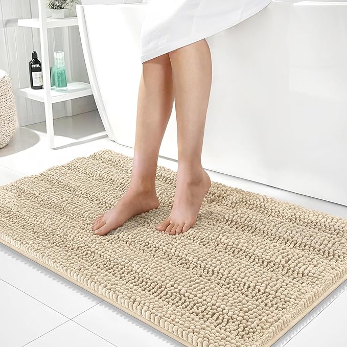OLANLY Thick Large Bathroom Rugs 40x24, Extra Soft Absorbent Chenille Striped Bath Rugs, Rubber Backing, Machine Wash Dry, Bath Mats for Bathroom Floor, Tub and Shower, Home Decor Accessories, Beige