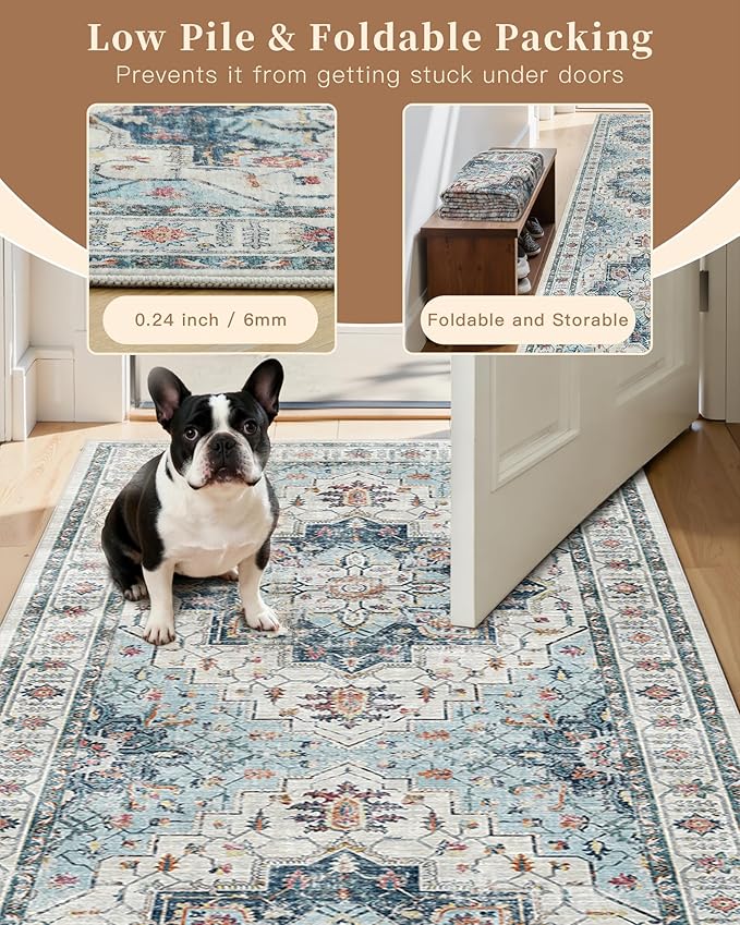 Madane Hallway Runner Rug 4x8 Wide: Washable Thin Runners for Hallways Entry, Non Slip Soft Vintage Kitchen Rugs Low Pile Carpet Runners for Living Room Bedroom Dining Room Foyer (Blue, 4x8)