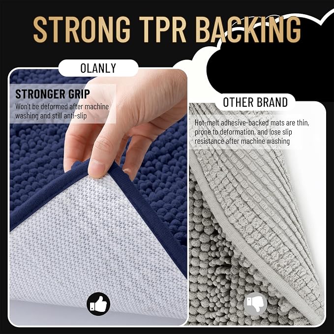 OLANLY Thick Bathroom Rugs 36x24, Extra Absorbent Chenille Striped Bath Rugs, Rubber Backing, Machine Wash Dry, Bath Mats for Bathroom Floor, Tub and Shower, Home Decor Accessories, Twilight Sapphire
