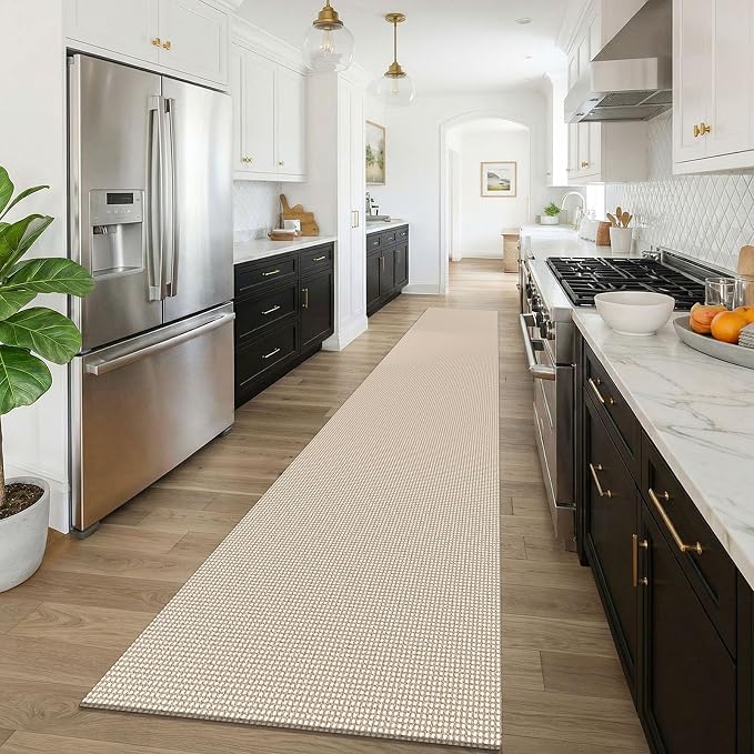 KOZYFLY Braided 2.5'x16' Runners Rugs for Hallway, Extra Long Washable Runner Rug, Woven Non Slip Kitchen Runner, Cotton Entryway Rug, Floor Carpet for Entry, Aisle, Hall, Ivory/Camel/Brown