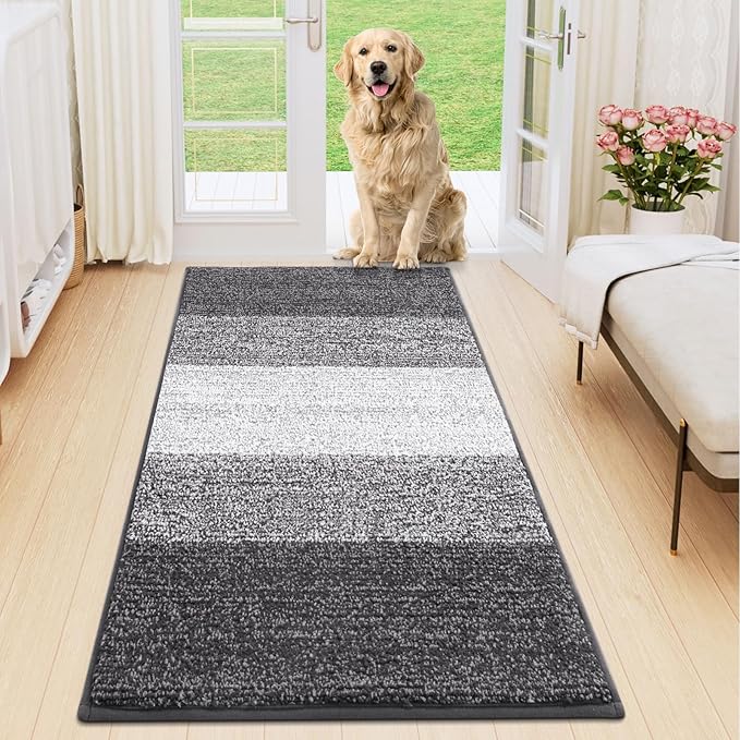 Smiry Dog Door Mat for Muddy Paws, Absorbs Moisture and Dirt, Low-Profile Entryway Mat with Non-Slip Backing, Entry Indoor Outdoor Doormat for Inside Floor (59x20 Inches, Grey, Striped)