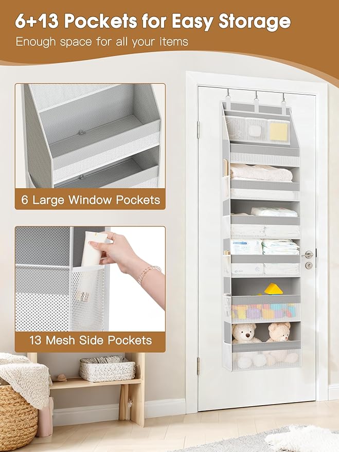 Criusia 2 Pack Over The Door Organizer, Heavy-Duty 6-Shelf Hanging Storage with 13 Mesh Pockets, 55lbs Capacity Behind The Door Storage for Nursery, Bathroom, Bedroom, and Dorm, Grey