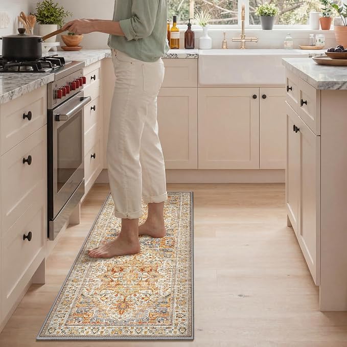 GENIMO Kitchen Rugs Non Slip Washable, 2PCS Kitchen Mats for Floor, Cushioned Standing Mat, Kitchen Runner Rug Floor Mat for Kitchen Decor, Laundry, Sink, Home, 20"x32"+20"x48", Orange&Brown