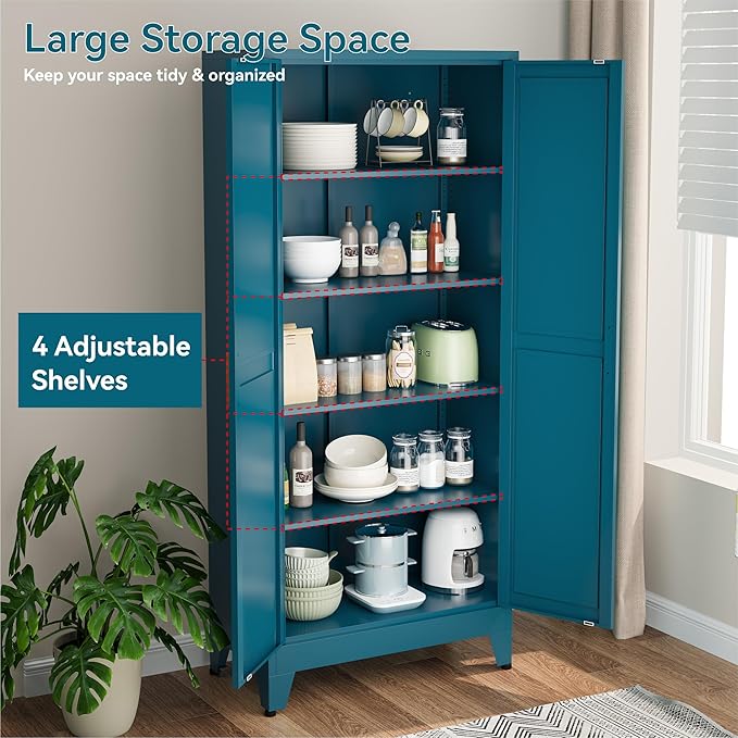 Bevivog Metal Kitchen Pantry Cupboard Cabinet, 71" Blue Storage Cabinets with 2 Doors and 4 Adjustable Shelves for Kitchen/Home Office/Dining Room/Living Space