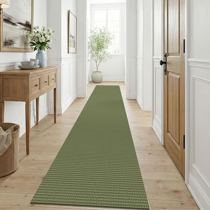 KOZYFLY Cotton Runners for Hallway 3x9, Wide Washable Runner Rug, Woven Non Slip Kitchen Runner, Braided Entryway Rug, Floor Carpet for Foyer, Bedroom, Hall, Olive Green/Earthy Green