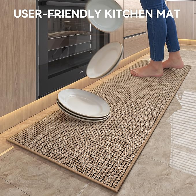 Kitchen Mats for Floor, Super Absorbent Kitchen Rugs Non Slip Washable, Rubber Backing Soft Braided Standing Kitchen Sink Mat Kitchen Runner Rug, Front of Sink, Easy to Clean, Khaki 17"x47"