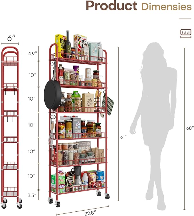 Slim Rolling Storage Cart 6 Tier, Metal Kitchen Rolling Utility Cart with Lockable Wheels for Kitchen, Bathroom, Office, Laundry Room, Small Narrow Spaces (Red 6 Inches)