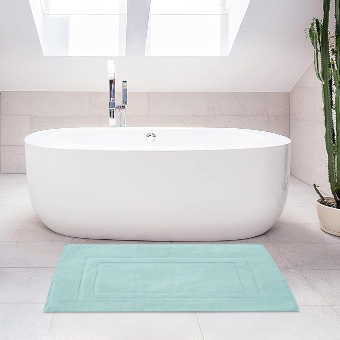 Feather & Stitch 2 Piece Towel Like Bath Mats (30x21 Inch) 100% Cotton Terry Bath Mats, Bathroom Shower Floor Mats [NOT A Bathroom Rug], Soft Absorbent Washable Mats - Sea Foam