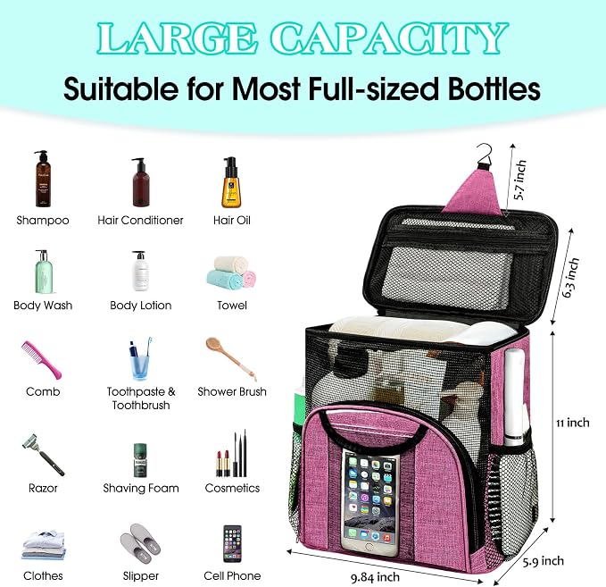 Attmu Portable Shower Caddy College Tote Bag, Quick Dry Hanging Toiletry Bag, Large Capacity Mesh Shower Caddy Portable for College Dorm Room Essentials for Boys and Girls for Bath Camping (Pink)