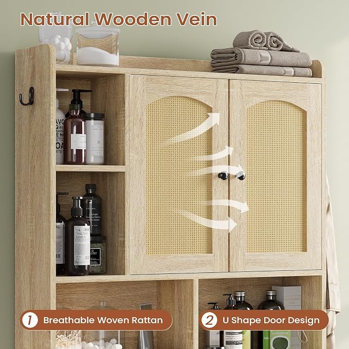 Itaar Over The Toilet Storage Cabinet, Farmhouse Rattan Bathroom Cabinet, Over Toilet Bathroom Organizer with Rattan Barn Doors & Toilet Paper Holder Stand, for Restroom, Laundry, Rattan Oak