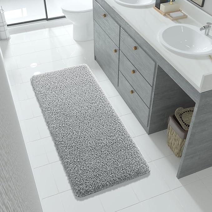 Yimobra Fluffy Plush Bath Rug, Super Shaggy Soft Comfortable Non Slip, Water Absorbent Microfiber Bath Mat, Dries Quickly, Machine Washable Thick Bathroom Rugs for Shower, 56" X 24", Pure Gray
