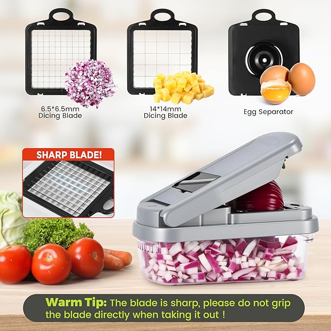 Vegetable Chopper,12-in-1 Multifunctional Food Chopper,Professional Onion Chopper with 7 Blades,Vegetable Cutter with Container for Salad,Potato,Carrot,and Garlic Essential Kitchen Tool (Silver black)
