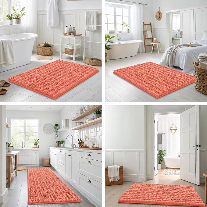 Smiry Bathroom Rugs Mat 47x24, Extra Soft Absorbent Chenille Bath Rugs, Non Slip Rubber Backing Machine Washable Quick Dry Bath Mats for Bathroom Floor, Tub, Shower, Home Decor Accessories, Coral
