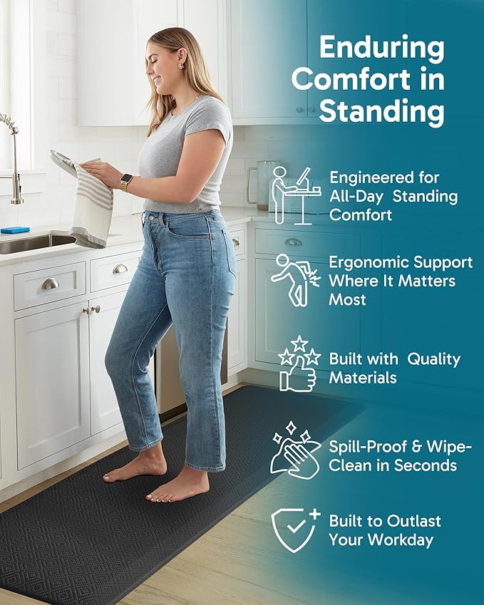 Ophanie Kitchen Mats for Floor, 3/4 Inch Thick Kitchen Rugs, 24'' x 70'' Anti Fatigue Standing Cushioned Mat, Waterproof,Comfort Ergonomic Mat for Office, Home, Sink, Black Non-Slip Bottom