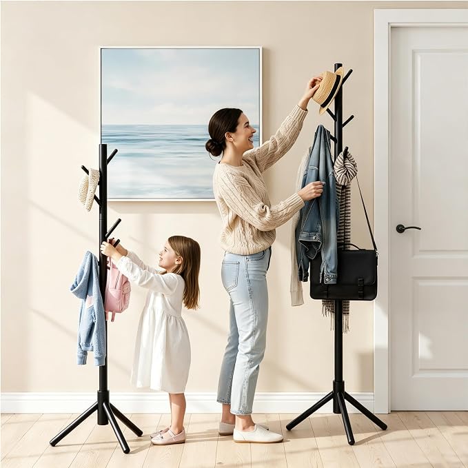 Wooden Coat Rack Freestanding with 8 Hooks & 3 Adjustable Sizes for Clothes, Space-Saving Design for Bedroom Office Entrance Holds Hats Coats Scarves Bags