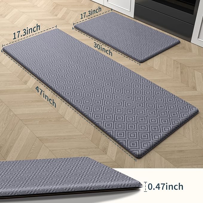 Mattitude Kitchen Mat 2PCS Kitchen Rugs Cushioned Anti-Fatigue Rug Waterproof Standing Desk Mat Kitchen Mats for Floor Kitchen Rug Set for Kitchen, Sink, Office 17.3"×30"+17.3"×47"-0.47inch Light Grey