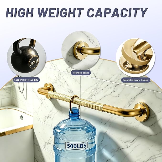 36 Inch Shower Grab Bar, Brushed Gold Anti Slip Safety Bars, 304 Stainless Steel Bathroom Handrail, Handicap Grab Bars for Wall, Shower Grip Handle for Seniors Elderly Injury Assist Bath (1.25" Dia)