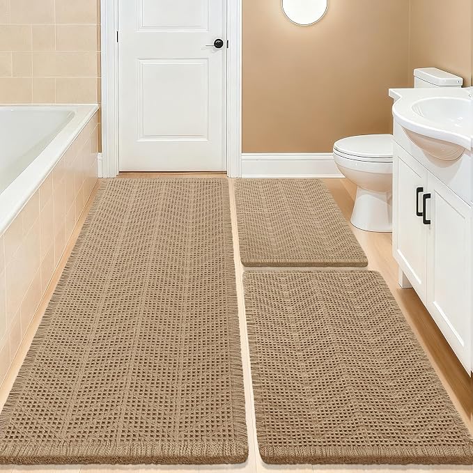 Upgrade Waffle Bath Mat Set 3 Piece, Boho Bathroom Rugs Absorbent Non Slip, Soft Bathroom Mats, Machine Washable Knit Bath Rugs with Herringbones for Bathroom, Bedroom, Kitchen, Shower, Tub, Beige