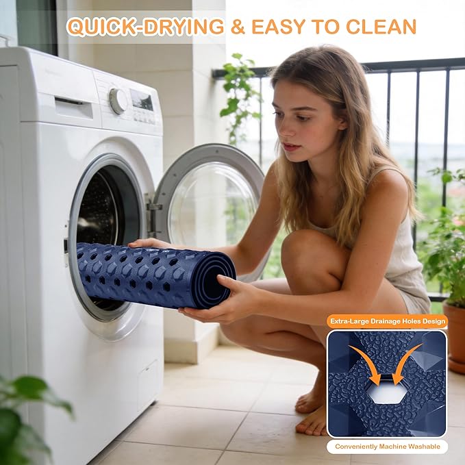 Yimobra Bathtub Mat Non Slip, 27.5"X15.5" Machine Washable Shower Floor Mat, Soft on Feet, Bathmat with Drain Holes and Suction Cups, Bathroom Essentials, Dark Blue