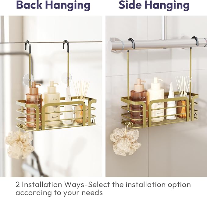 SWTYMIKI Shower Caddy Hanging Organizer - Over the Door Shower Caddy with 6 Hooks, 2 Installation Ways, Stainless Steel Rustproof Bathroom Organizer, Gold Small