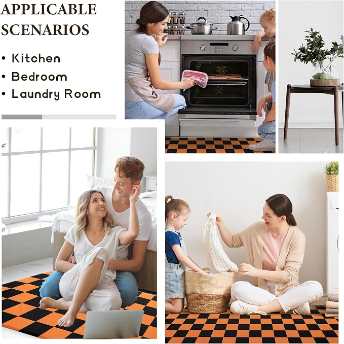 Black Orange Checkered Grid Checkerboard Kitchen Rug Sets [2 PCs], Anti-Fatigue, Waterproof Non-Slip Kitchen Mats Heavy Duty Ergonomic Comfort Foam Rug for Floor, Home,17"x29"+17"x47"
