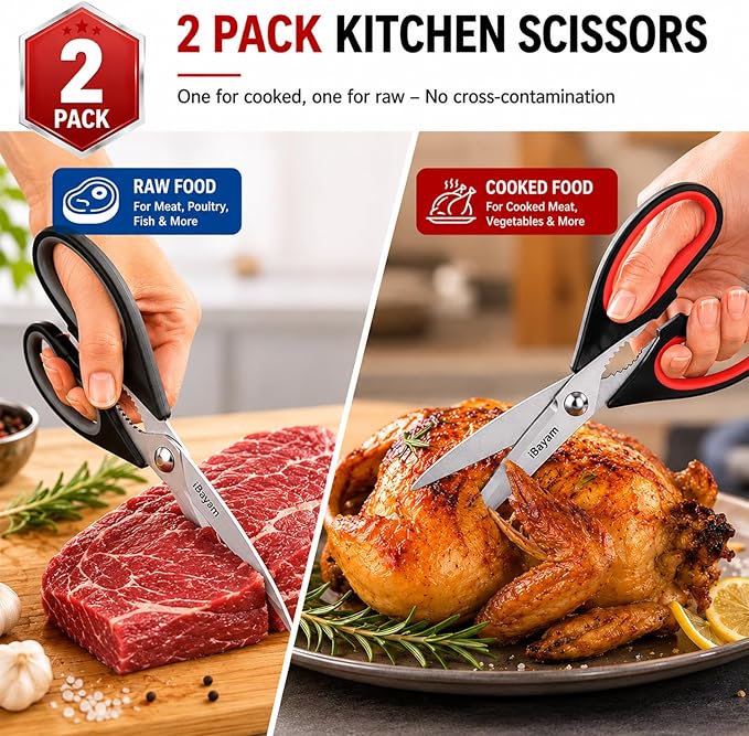 iBayam Kitchen Scissors All Purpose Heavy Duty 2 Pack with Protective Sheath, Stainless Steel Shears Kitchen Utensils Set for Cutting Food Cooking Meat Poultry Dishwasher Safe Soft Comfort-Grip
