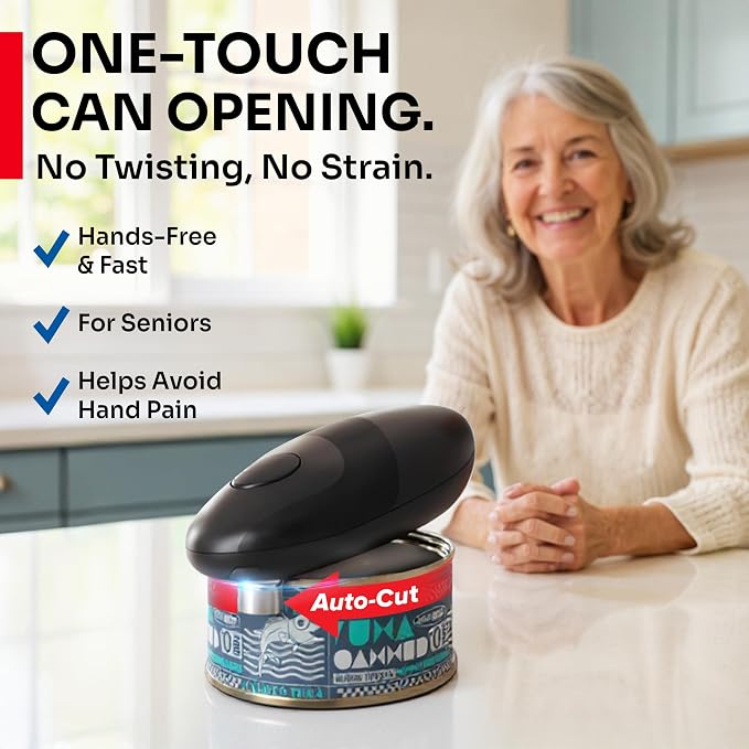 MUELLER HOME SmoothEdge Auto Electric Can Opener – Battery‑Operated One‑Touch w Magnet Lid Lifter – Portable Hands‑Free Automatic Can Openers for Seniors & Arthritis, Smooth‑Edge Cut Technology, Black