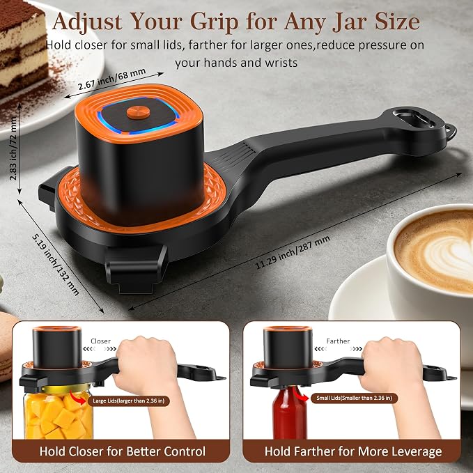 Electric Jar Opener for Seniors with Auto-Adjusting Gripper, Rechargeable Jar & Bottle Openers for Weak Hands & Arthritis, Easy Twist Off Lid Opener with Rubber Gripper Pad, Fits 1"-3.5" Lids(Orange)