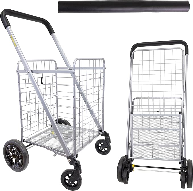dbest Products Cruiser Cart Deluxe 2 Germ Guard Bundle Shopping Handle Grocery Rolling Folding Laundry Basket on Wheels Foldable Utility Trolley Compact Lightweight Collapsible