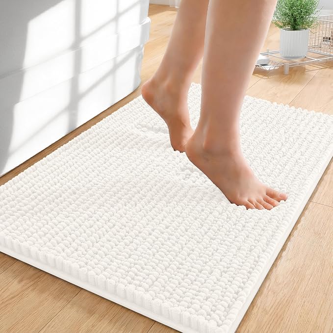 OLANLY Thick Small Bathroom Rugs 24x16, Extra Soft Absorbent Chenille Bath Rugs, Rubber Backing, Machine Wash Dry, Bath Mats for Bathroom Floor, Tub and Shower, Home Decor Accessories, Ivory