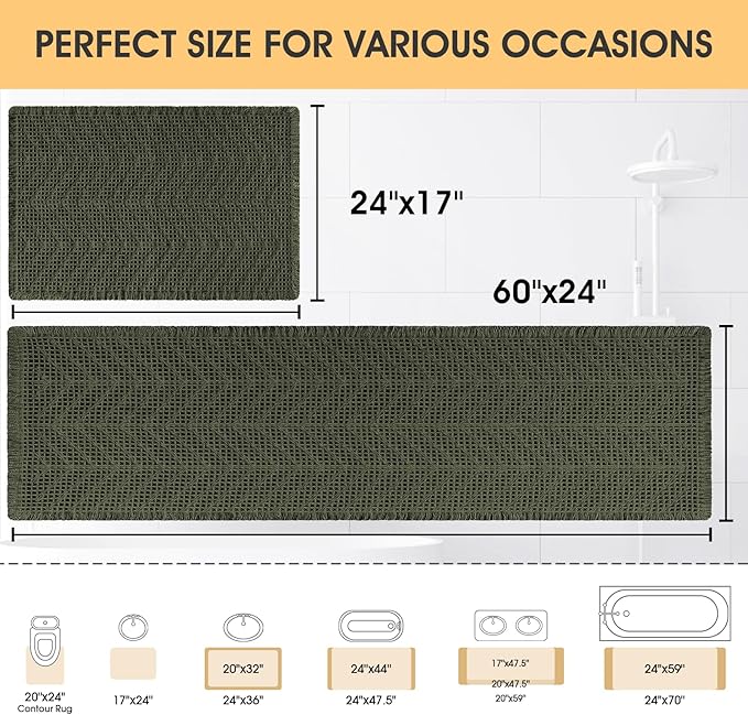 Waffle Bath Mat Set 2 Piece, Boho Woven Modern Bath Rug Absorbent Non Slip, Ultra Soft Bathroom Mats, Machine Washable Knit Bath Rugs with Herringbones for Bathroom, Kitchen, Shower, Tub, Dark Green