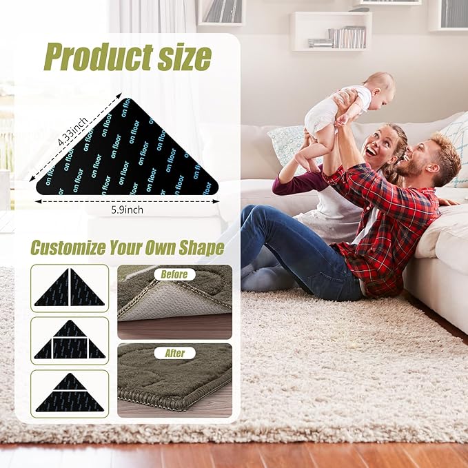 16 Pcs Rug Tape, Non Slip Carpet Tape for Hardwood Floors, Double-Sided Adhesive Rug Stickers Keep Corners Flat, No Residue/BPA-Free