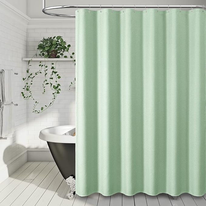 Dynamene Mint Green Fabric Shower Curtain - Waffle Weave Textured Heavy Duty Cloth Shower Curtains for Bathroom, 256GSM Hotel Luxury Weighted Bath Curtain Set with 12 Hooks,72x72, Mint Green