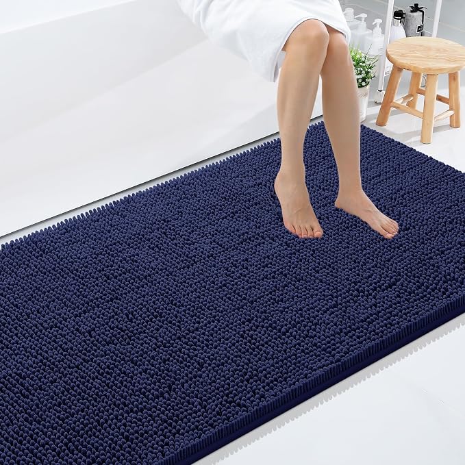 Smiry Luxury Chenille Bathroom Rugs 71x47, Extra Soft and Absorbent Shaggy Bath Mat, Machine Washable, Non-Slip Plush Carpet Runner for Tub, Shower, and Floor, Home Decor Accessories, Navy Blue