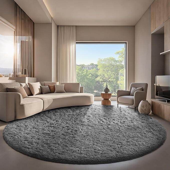 Ophanie Round Rug 8Ft Grey Circle Area Rugs, Large Fluffy Fuzzy Living Room Carpet 8 feet, Plush Shag Solid indoor Floor Gray Bedroom Christmas Circular Aesthetic Decor for Kids Teen Boys Baby,Nursery