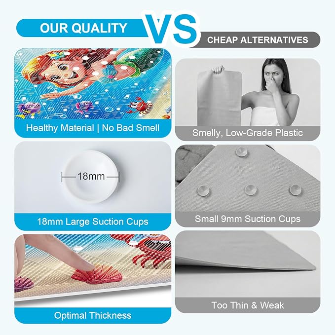 XIYUNTE Baby Bath Mat for Tub Non Slip Kids Bath Mat - 40''x16'' Extra Long Cartoon Turtle Baby Bath Tub Mat Eco-Friendly Toddler Bath Mats with Suction Cups & Drain Holes, Easy to Clean & Easy Drying