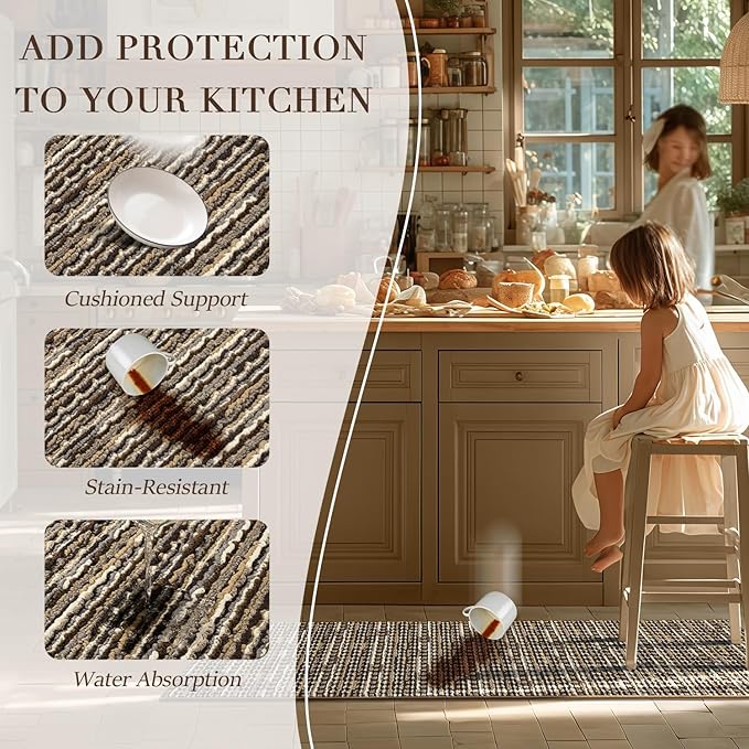 Kitchen Rugs Sets of 2-Non Slip Kitchen Mats for Floor-Thick Stain Resistant Vintage Kitchen Floor Mat Runner Carpet for Hallways Entryway Laundry Room Washable（Brown 20"x47"+20"x32"）