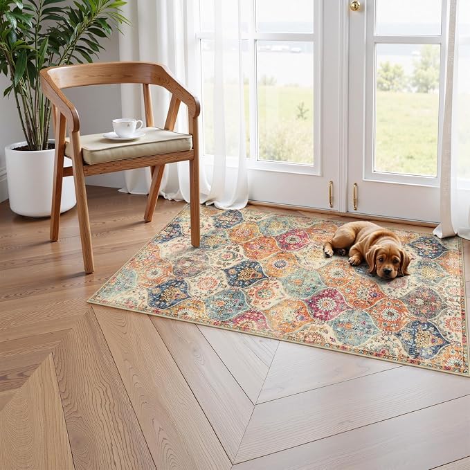 Lahome Kitchen Rugs Non Slip Washable Rugs for Entryway, 2x4 Rug Non-Slip Moroccan Trellis Ultra-Thin Indoor Door Mat Small Carpet for Bathroom Bedroom Entry Elise, Cream/Multi